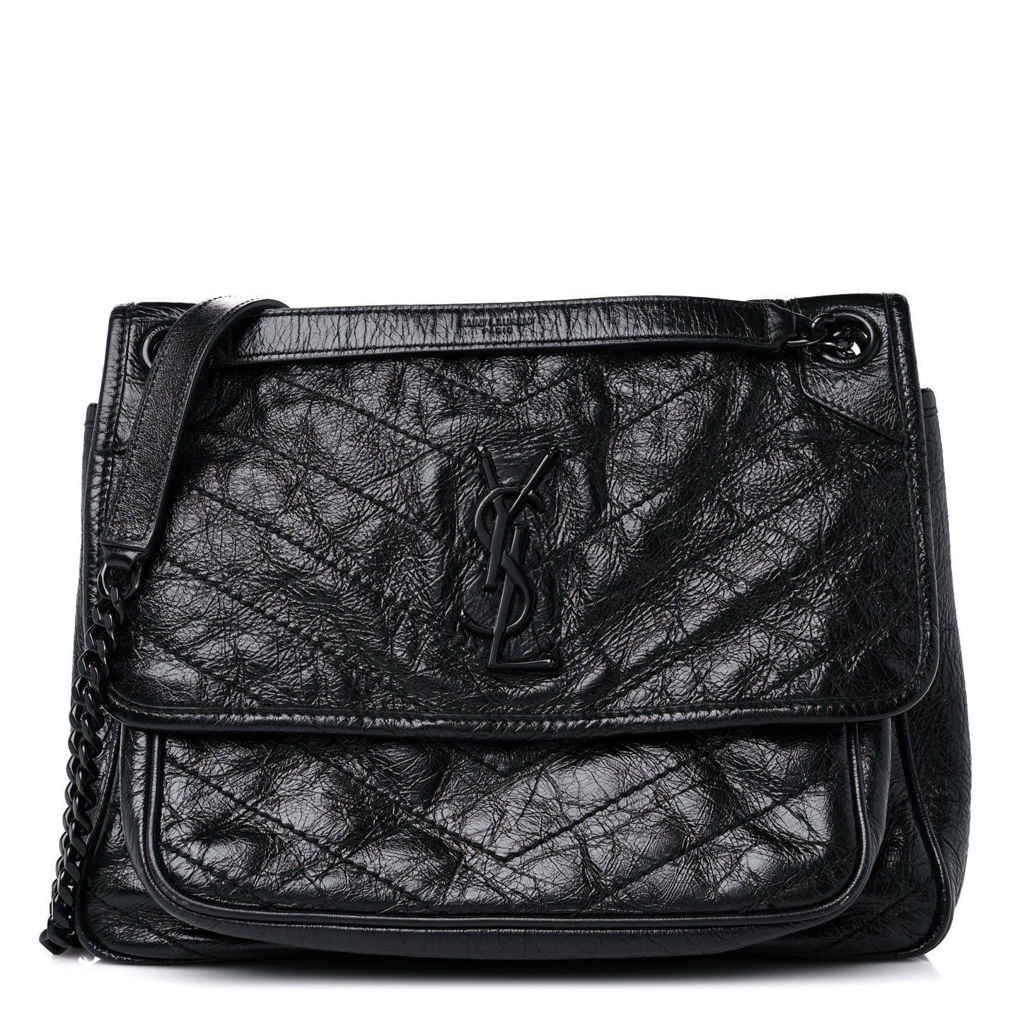 Crinkled Calfskin Matelasse Monogram Medium Niki Chain Satchel Black