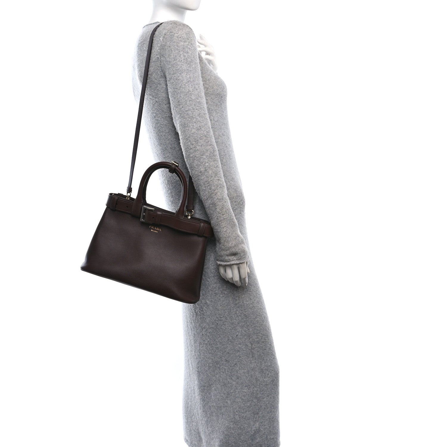 Prada Soft Grained Calfskin Vitello Daino Small Buckle Bag Brown 2 of 9