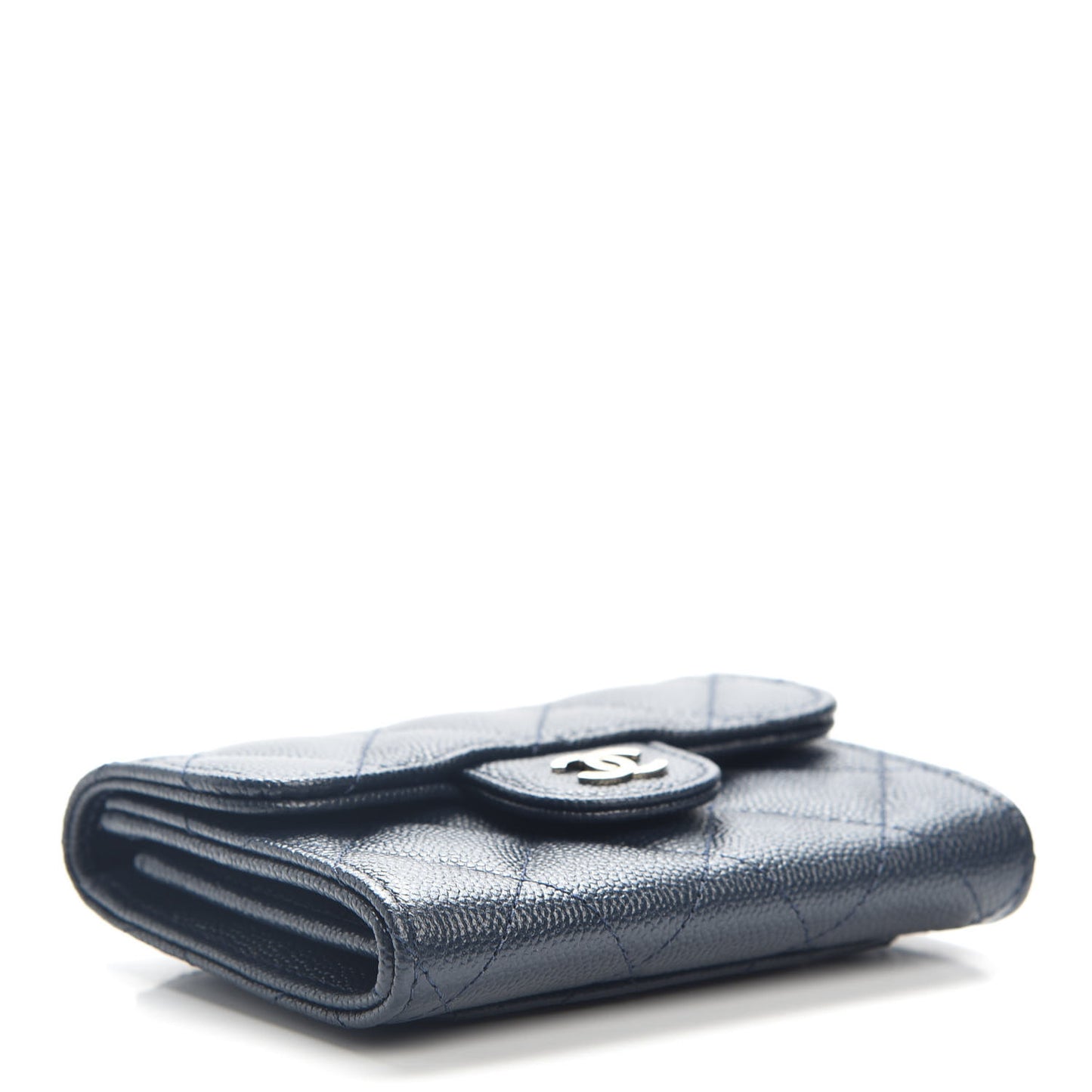 Caviar Quilted Flap Card Holder Wallet Navy