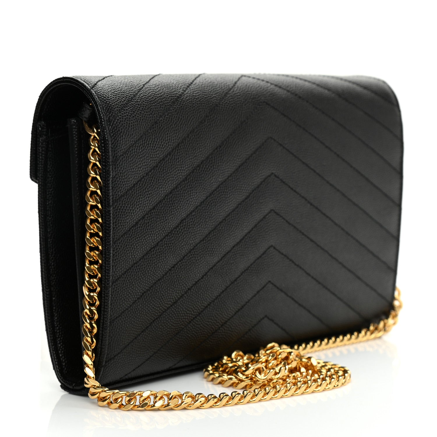 Saint Laurent Grain De Poudre Matelasse Chevron Monogram Chain Wallet Black 3 of 9