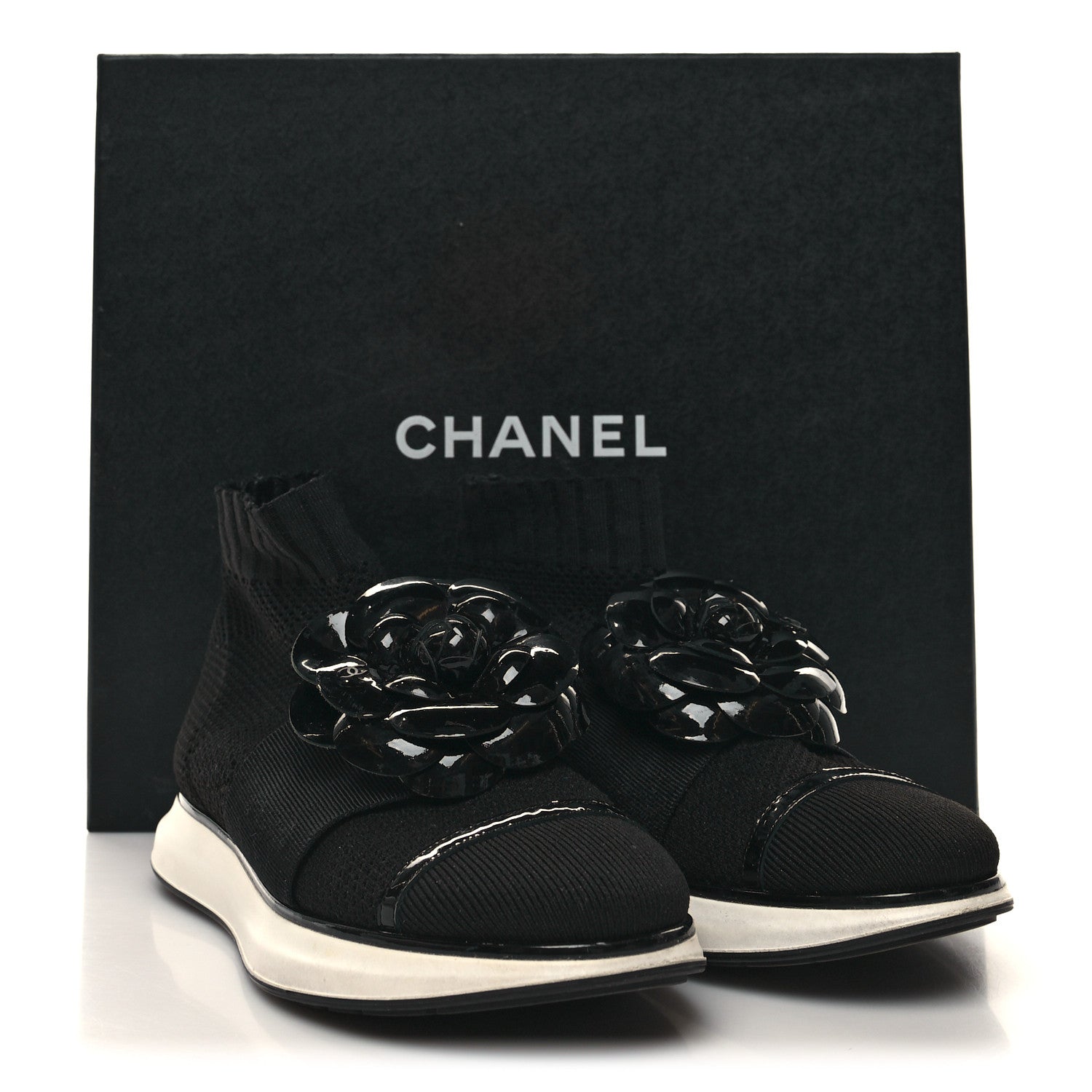 Chanel Knit Patent Calfskin Womens High Top Camellia Sneakers 36 Black 8 of 8