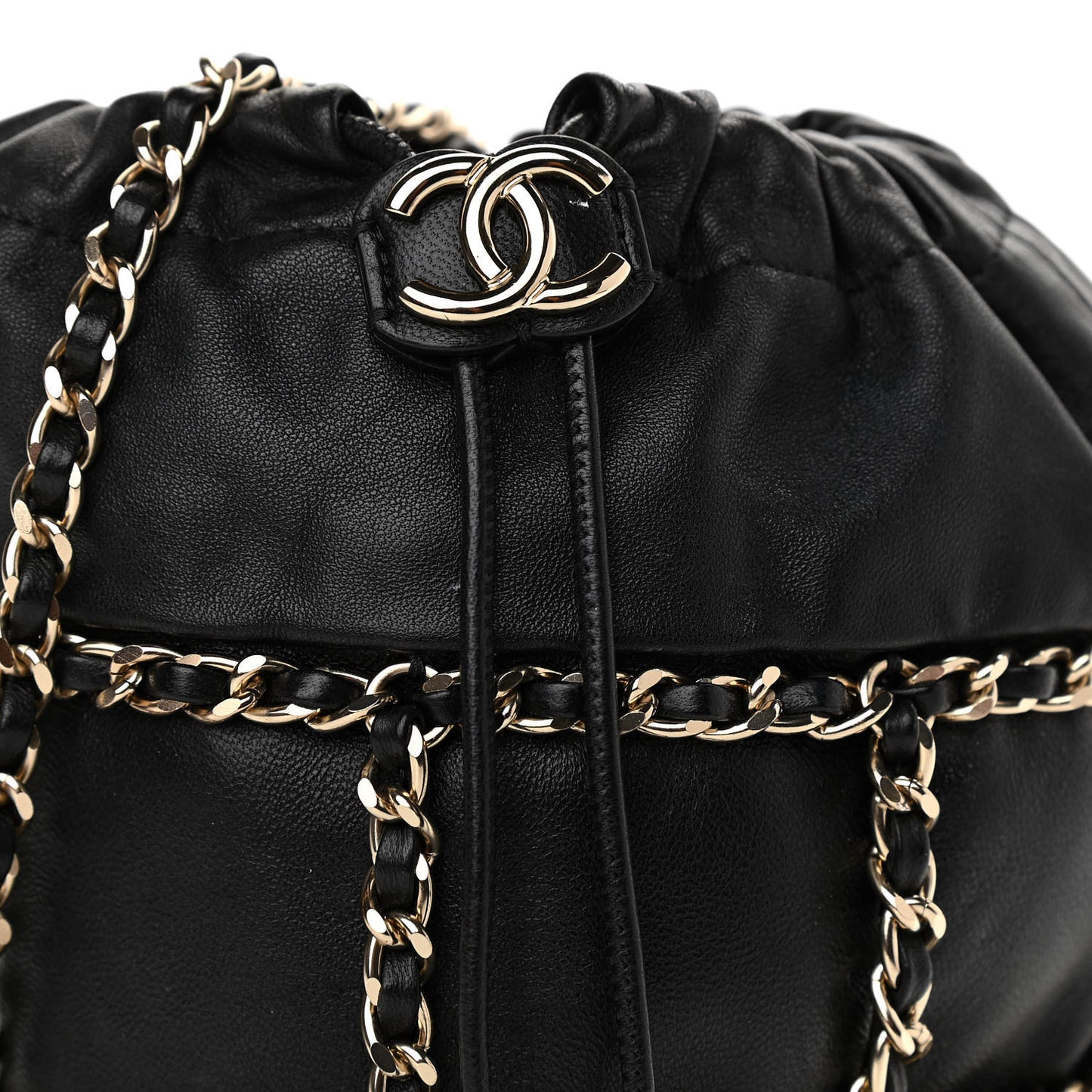 Lambskin Bucket Chain Drawstring Bag Black