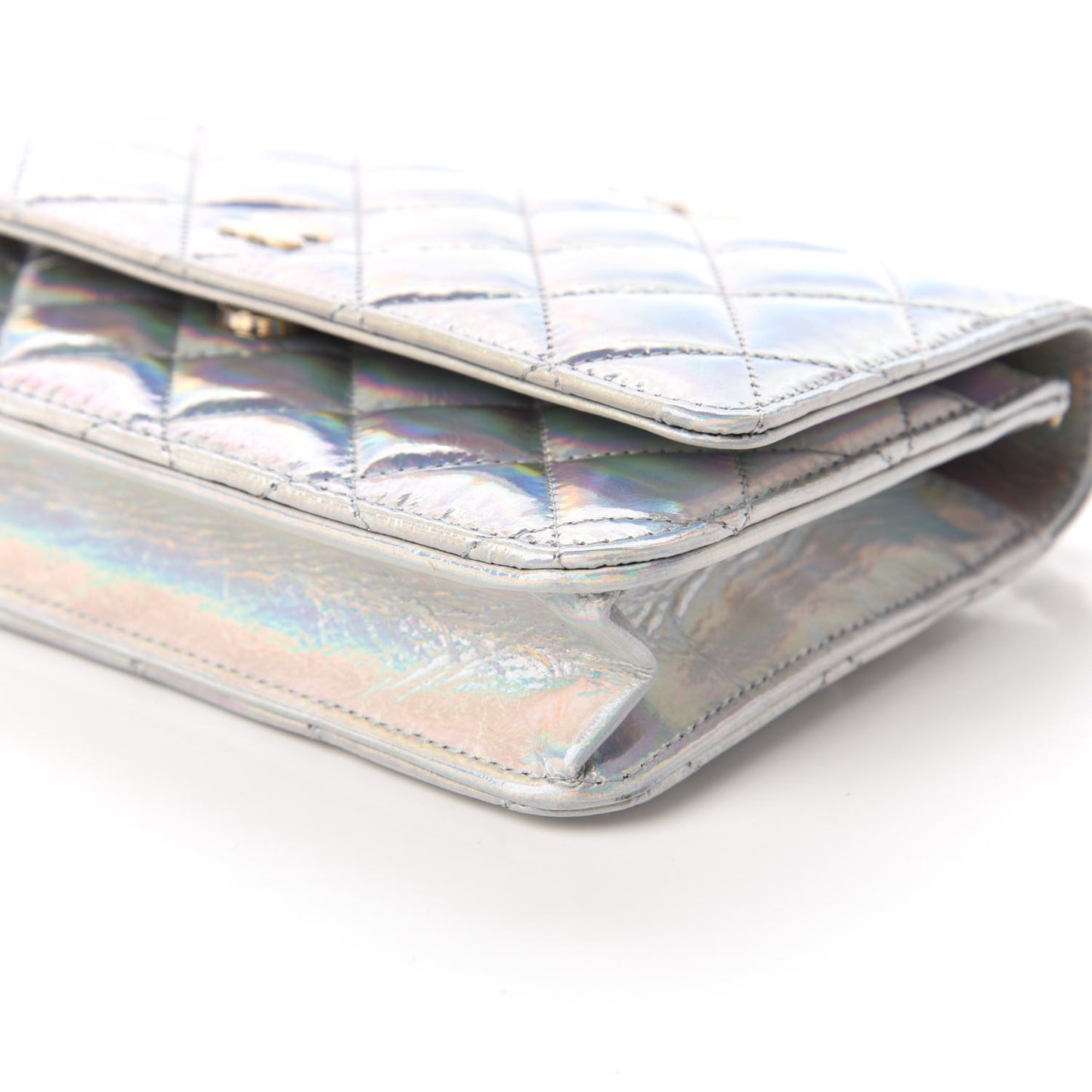 Iridescent Goatskin Quilted Wallet On Chain WOC Silver
