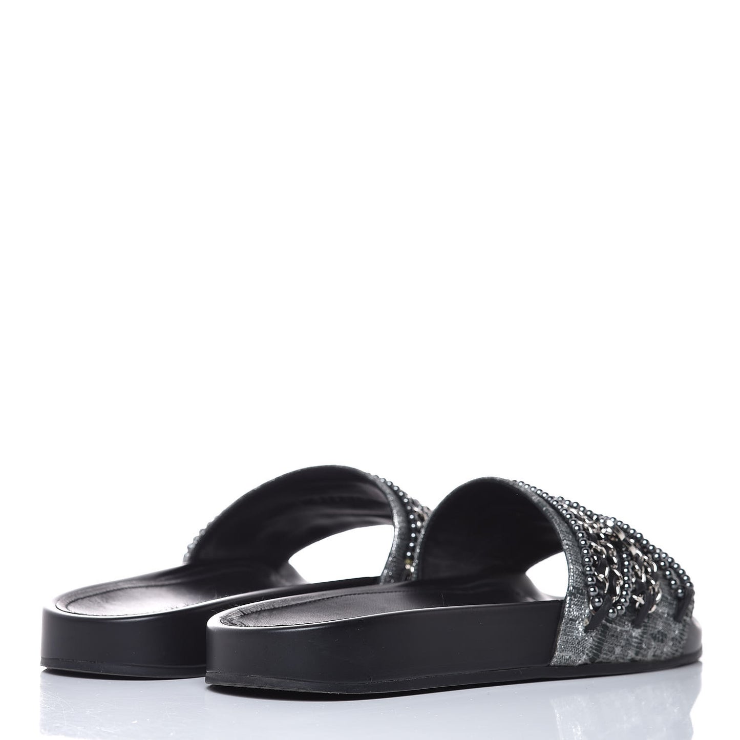 Fantasy Lambskin Pearl Chain Flat Sandals 38 Silver Black