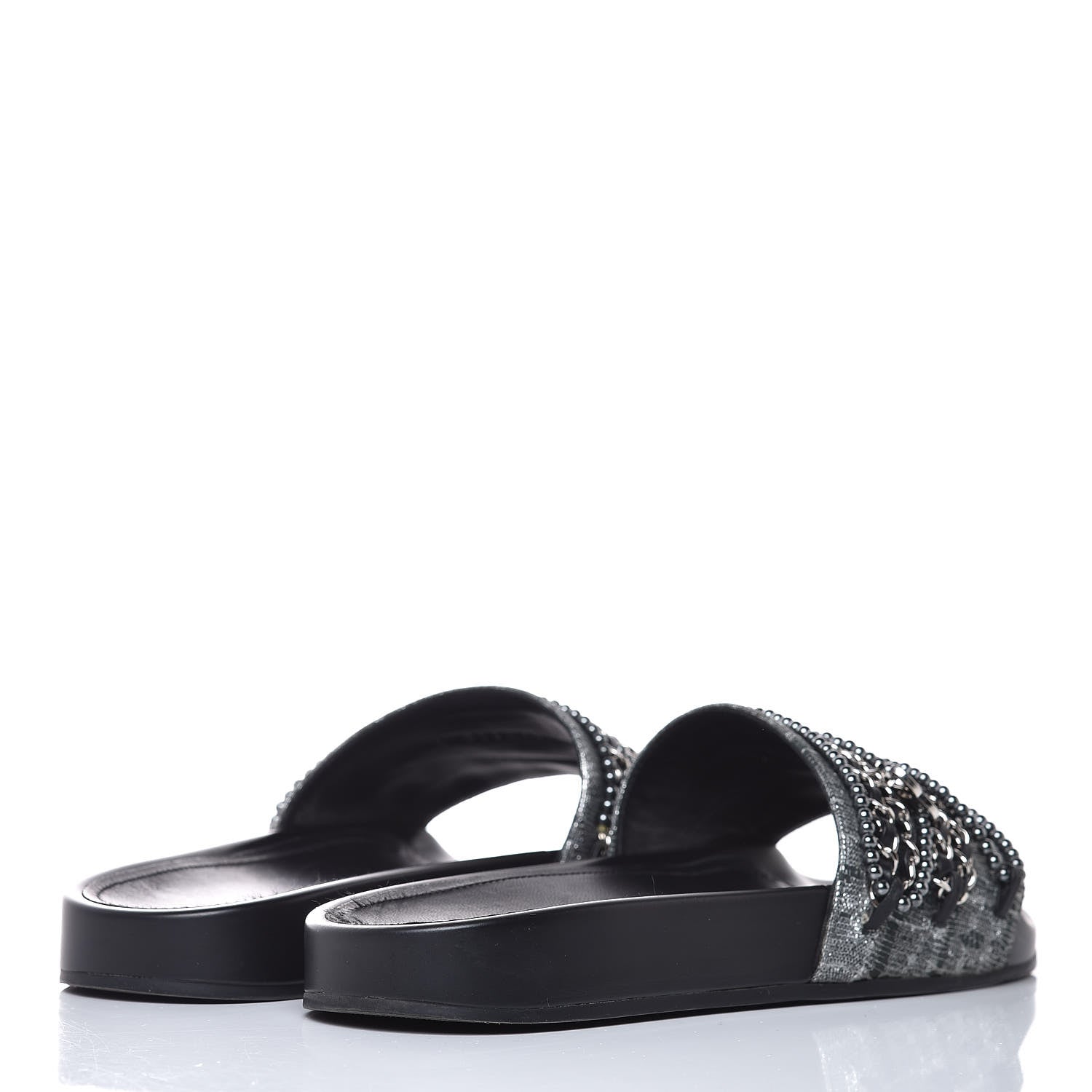 Chanel Fantasy Lambskin Pearl Chain Flat Sandals 38 Silver Black 4 of 11