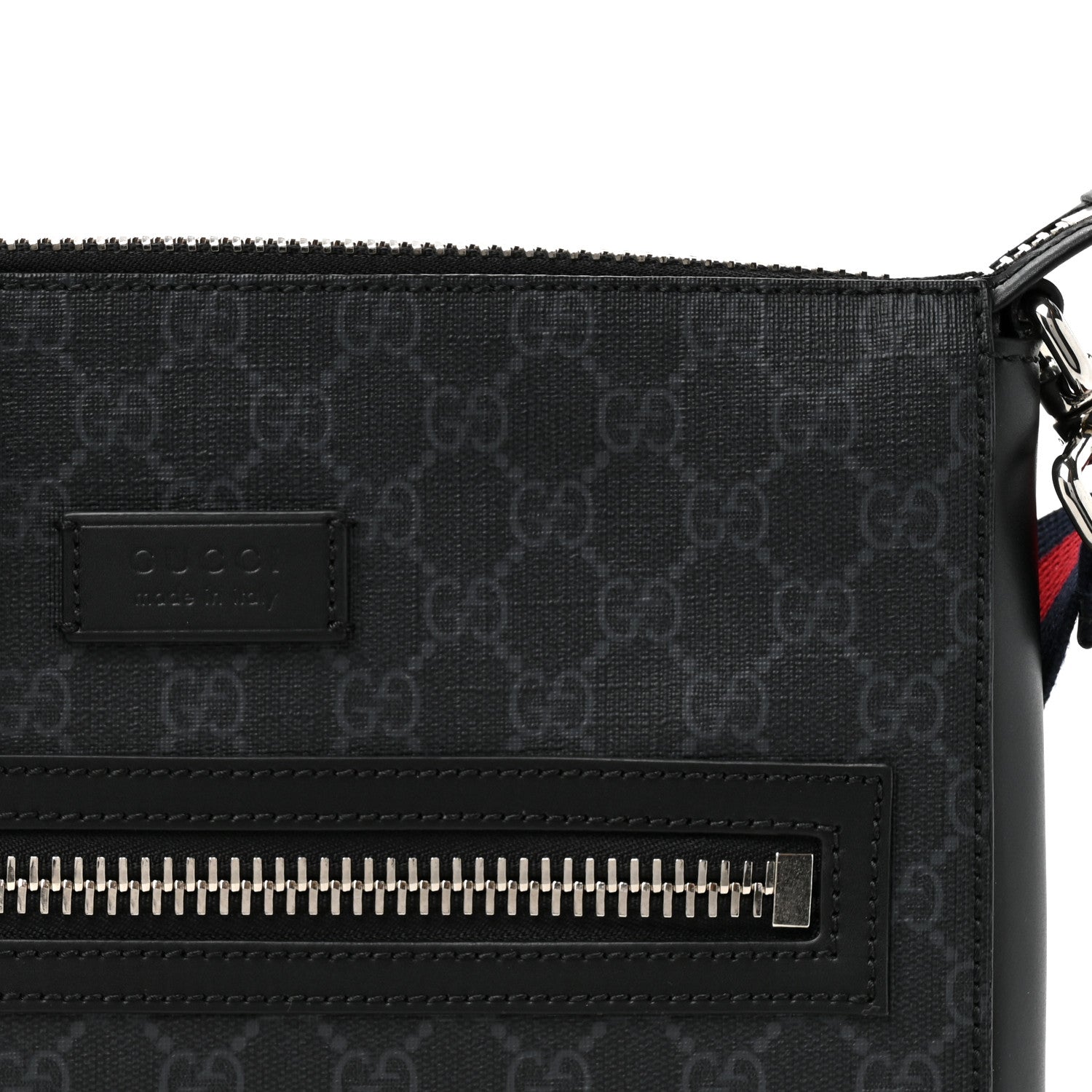 Gucci GG Supreme Monogram Appia Calfskin Web Flat Messenger Bag Black Grey 8 of 10