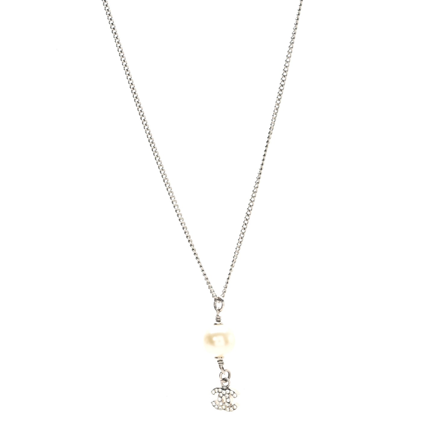 Pearl Crystal CC Drop Necklace Silver