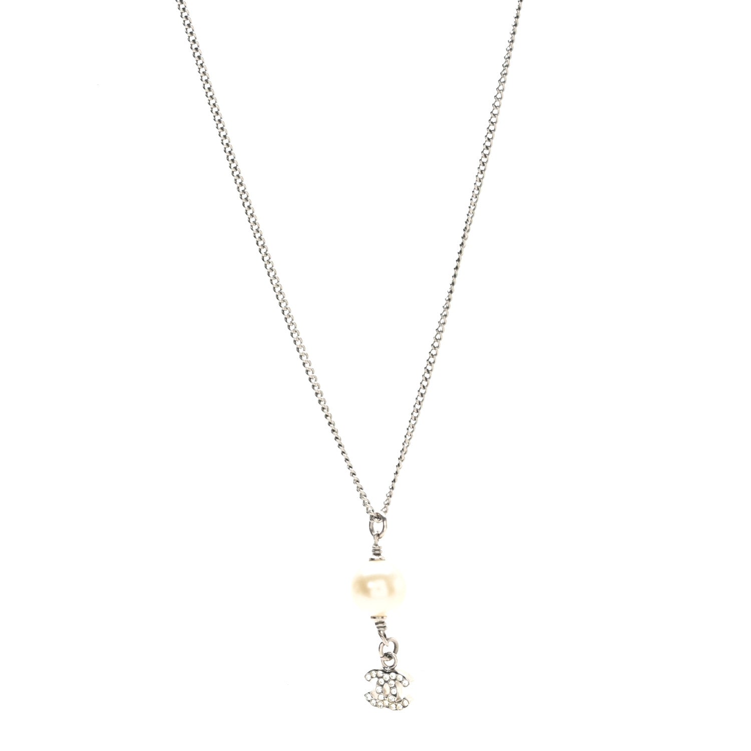 Chanel Pearl Crystal CC Drop Necklace Silver 1 of 4
