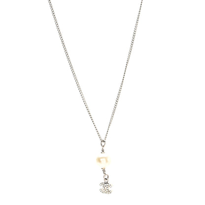 Chanel Pearl Crystal CC Drop Necklace Silver 1 of 4