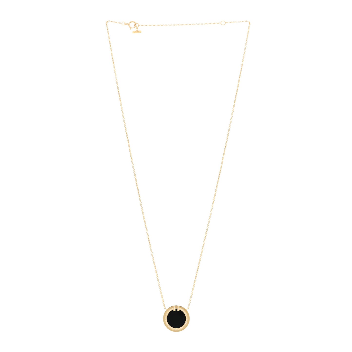 18K Yellow Gold Diamond Black Onyx 16mm T Circle Pendant Necklace