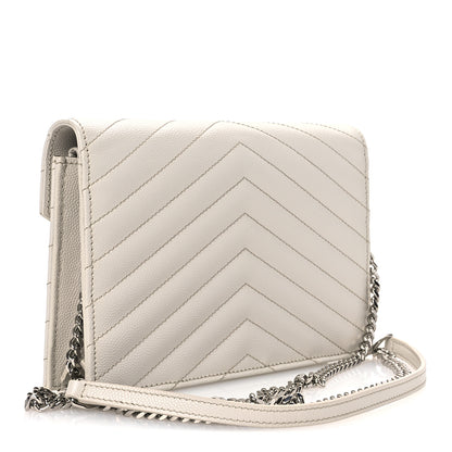 Saint Laurent Grain De Poudre Matelasse Chevron Monogram Envelope Chain Wallet Optical White 3 of 11