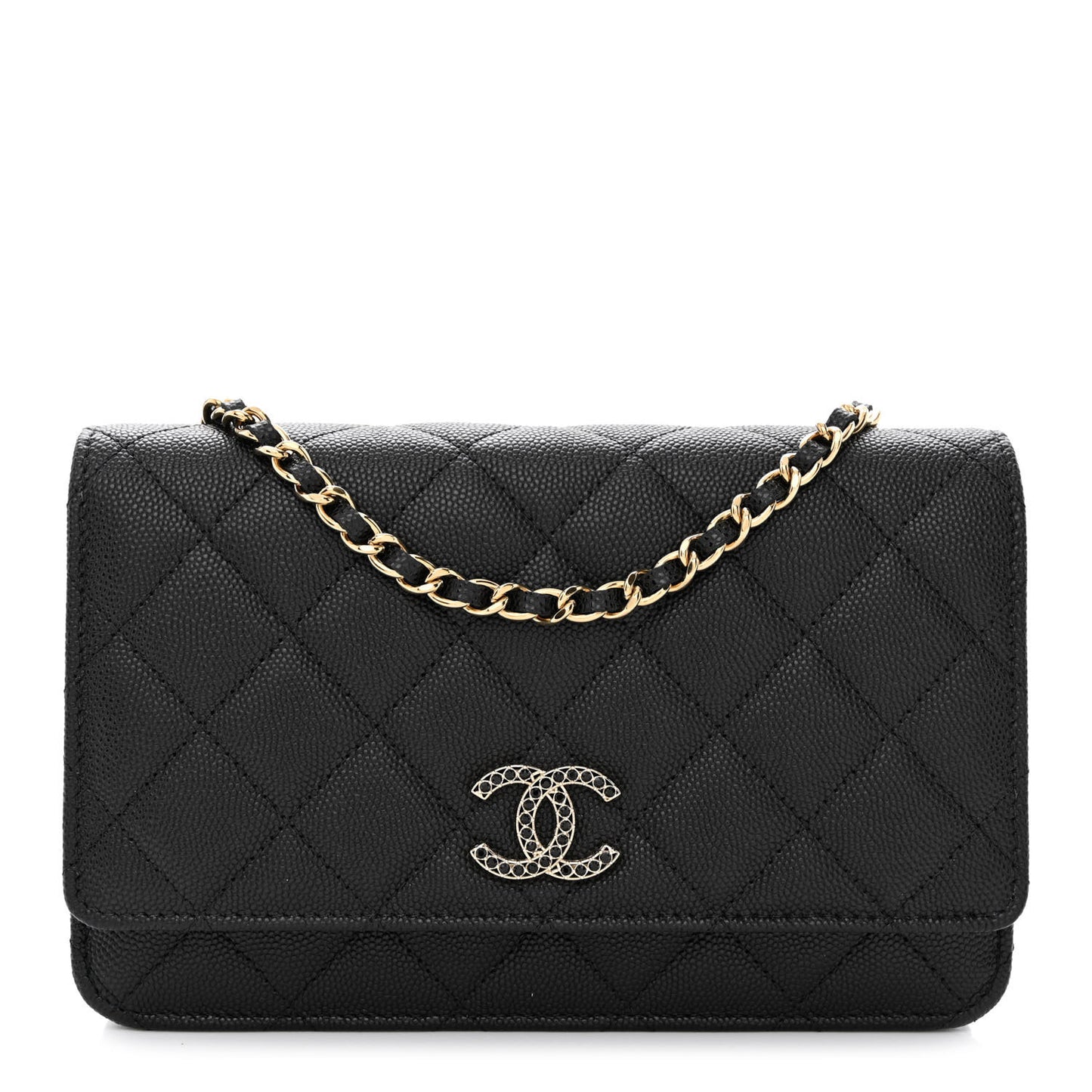 Caviar Quilted Crystal CC Wallet On Chain WOC Black