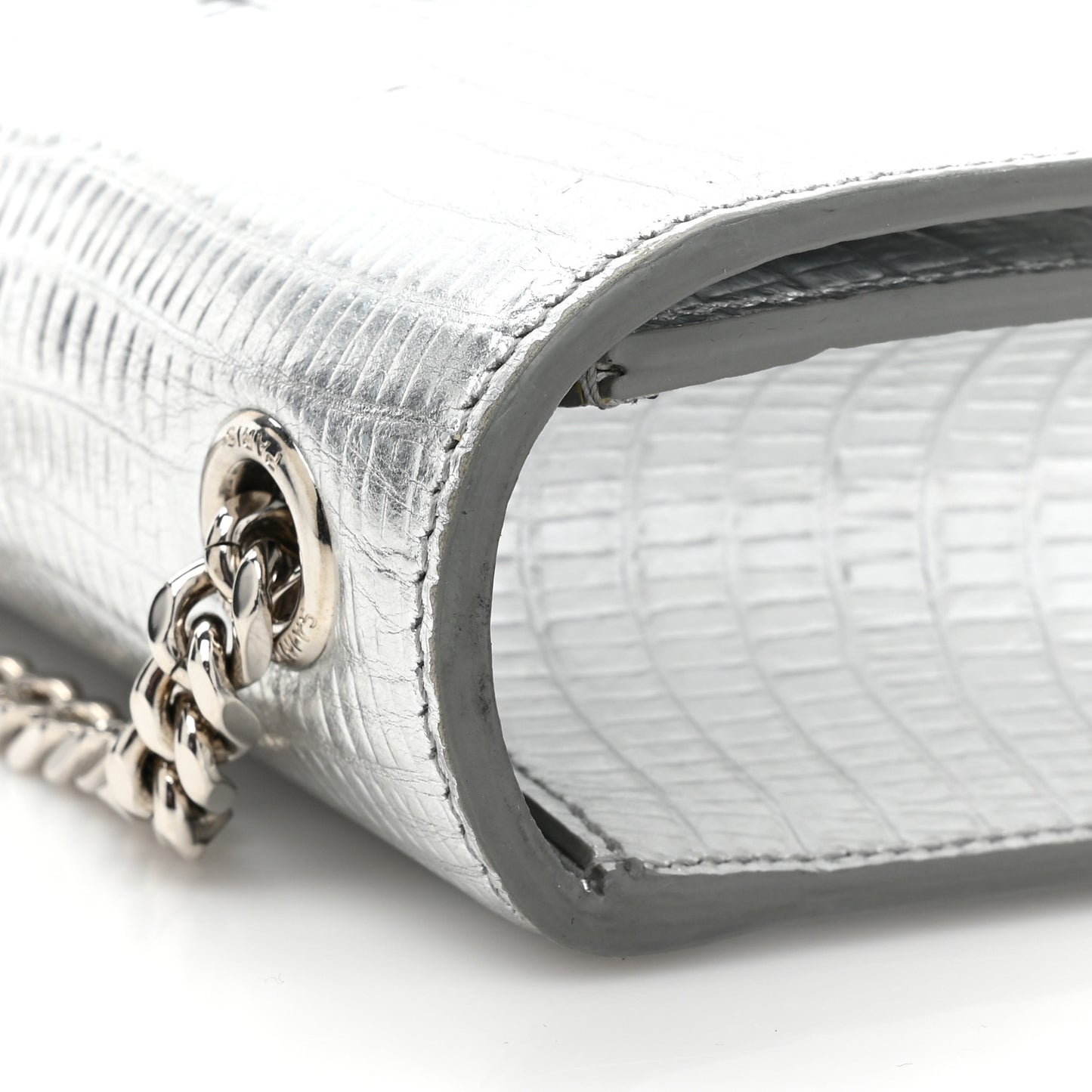 Metallic Calfskin Crocodile Embossed Small Classic Monogram Kate Tassel Satchel Silver