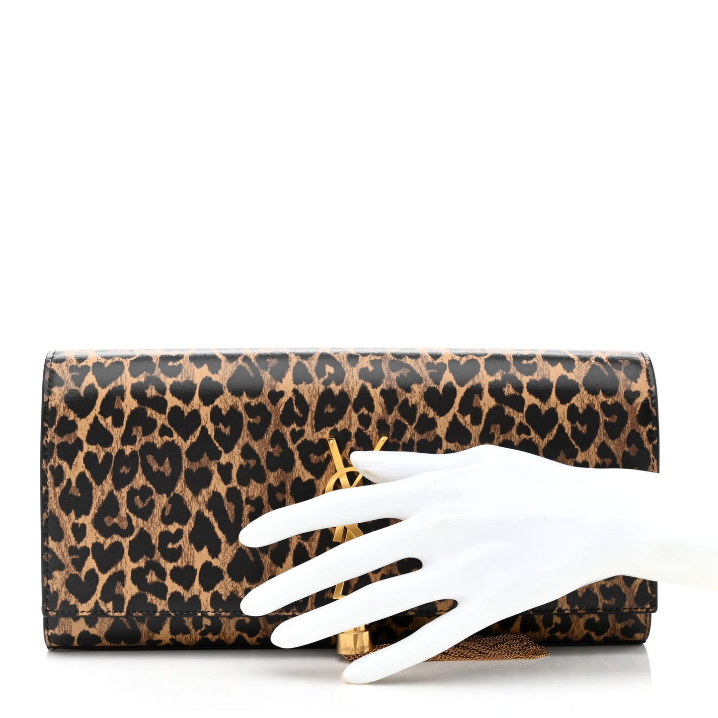 Calfskin Heart Leopard Printed Classic Monogram Kate Tassel Clutch Naturale