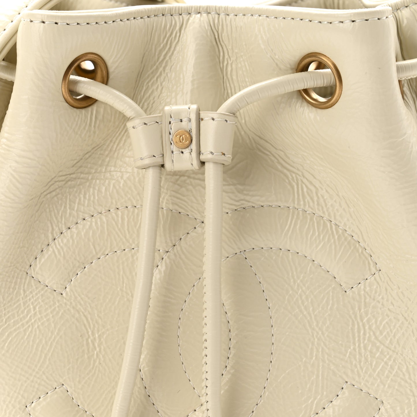 Shiny Aged Calfskin CC Chain Mini Drawstring Bag White