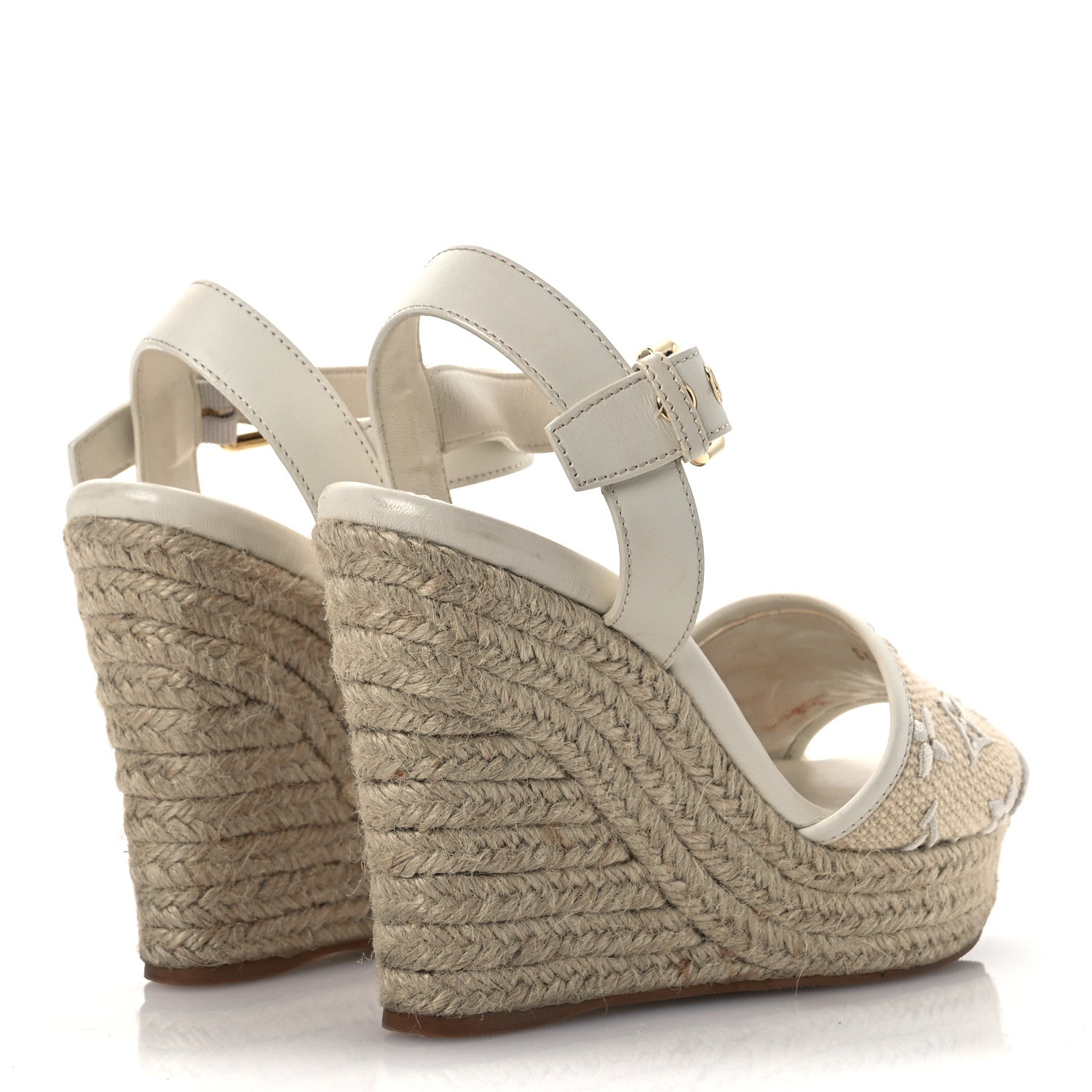 Louis Vuitton Canvas Monogram Starboard Espadrille Wedge Sandals 37.5 Beige White 37.5 Beige White 5 of 13