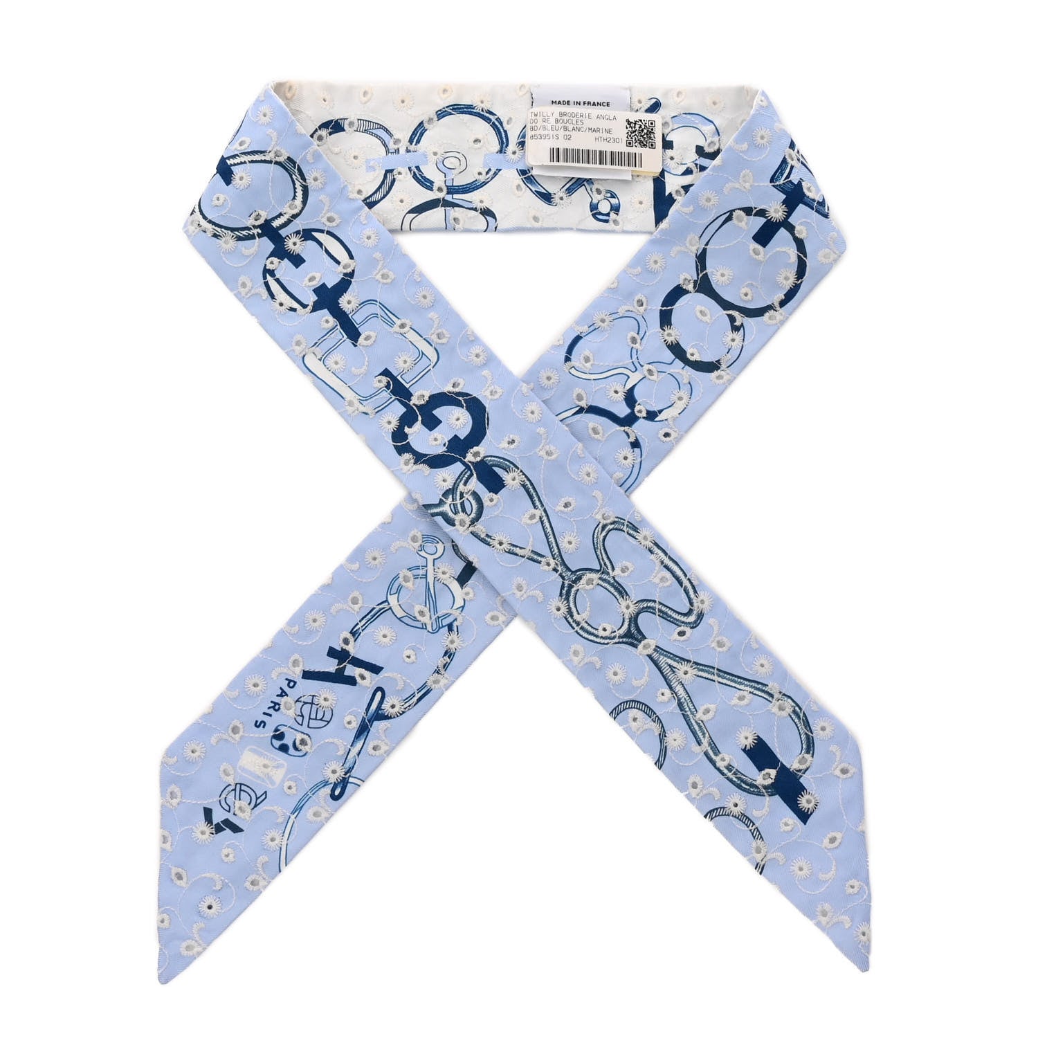 Hermes Silk Embroidered Do Re Boucles Broderie Anglaise Twilly Bleu White Marine 1 of 4
