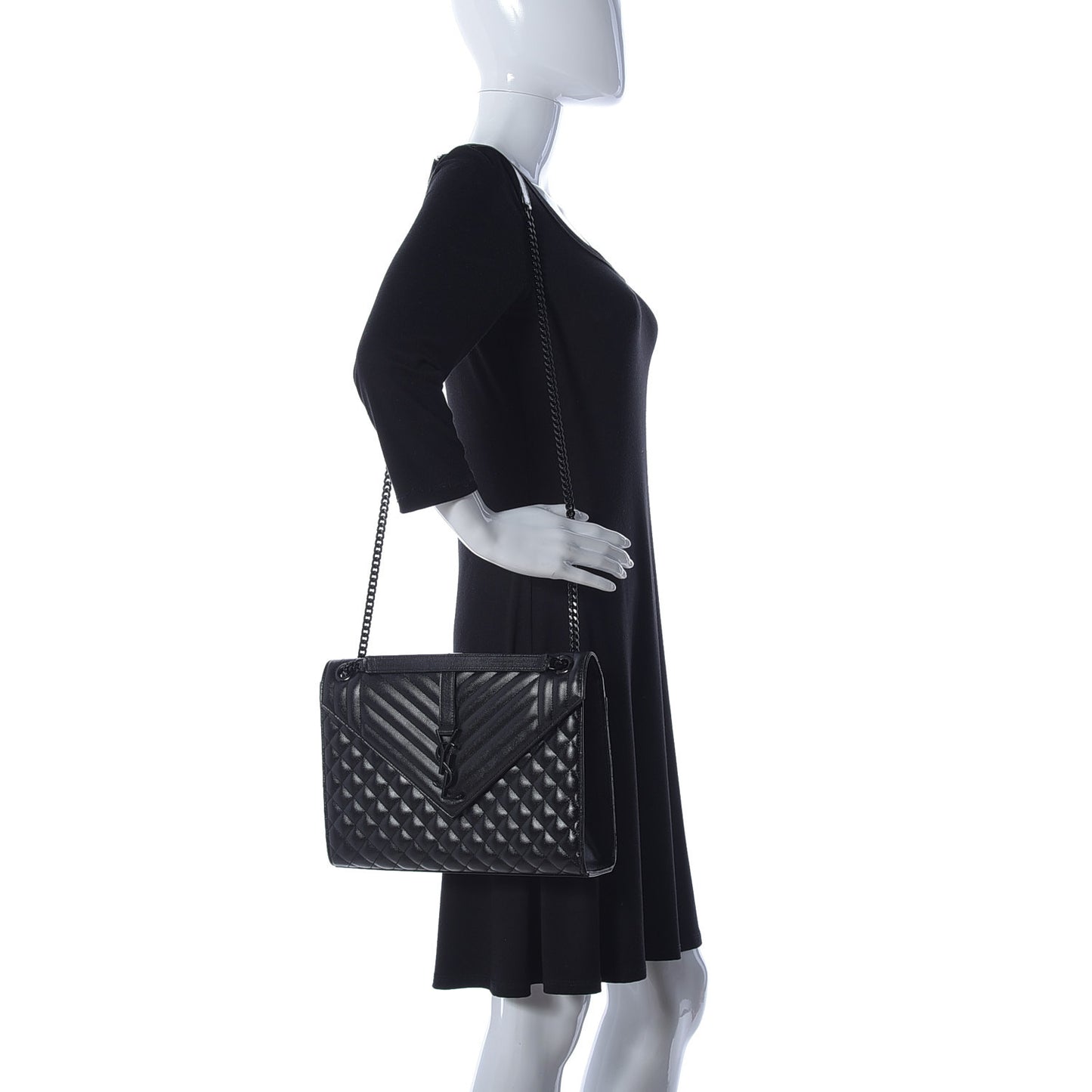 Grain De Poudre Textured Mixed Matelasse Large Triquilt Monogram Monochrome Satchel Black
