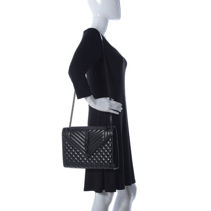 Saint Laurent Grain De Poudre Textured Mixed Matelasse Large Triquilt Monogram Monochrome Satchel Black 3 of 11