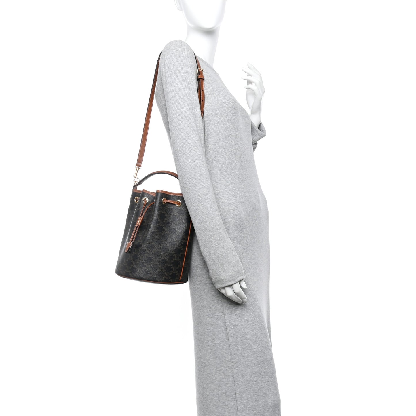 Triomphe Canvas Calfskin Clara Drawstring Bucket Bag Tan
