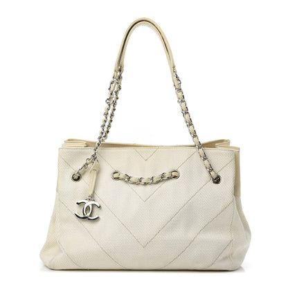 Chanel Canvas Chevron CC Shopping Tote White 1 of 11
