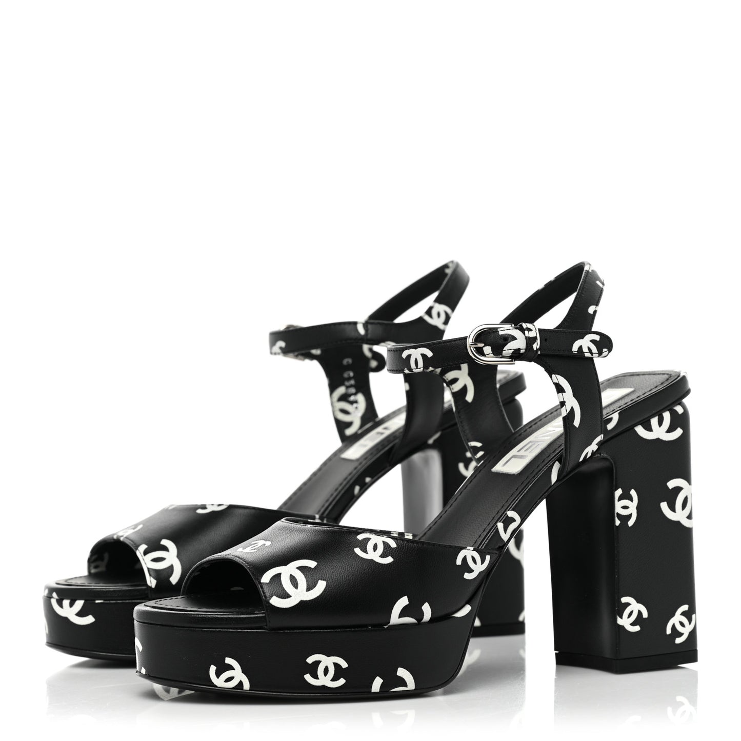 Printed Lambskin CC Platform Sandals 39 Black White