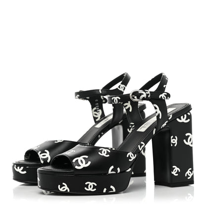 Chanel Printed Lambskin CC Platform Sandals 39 Black White 3 of 13