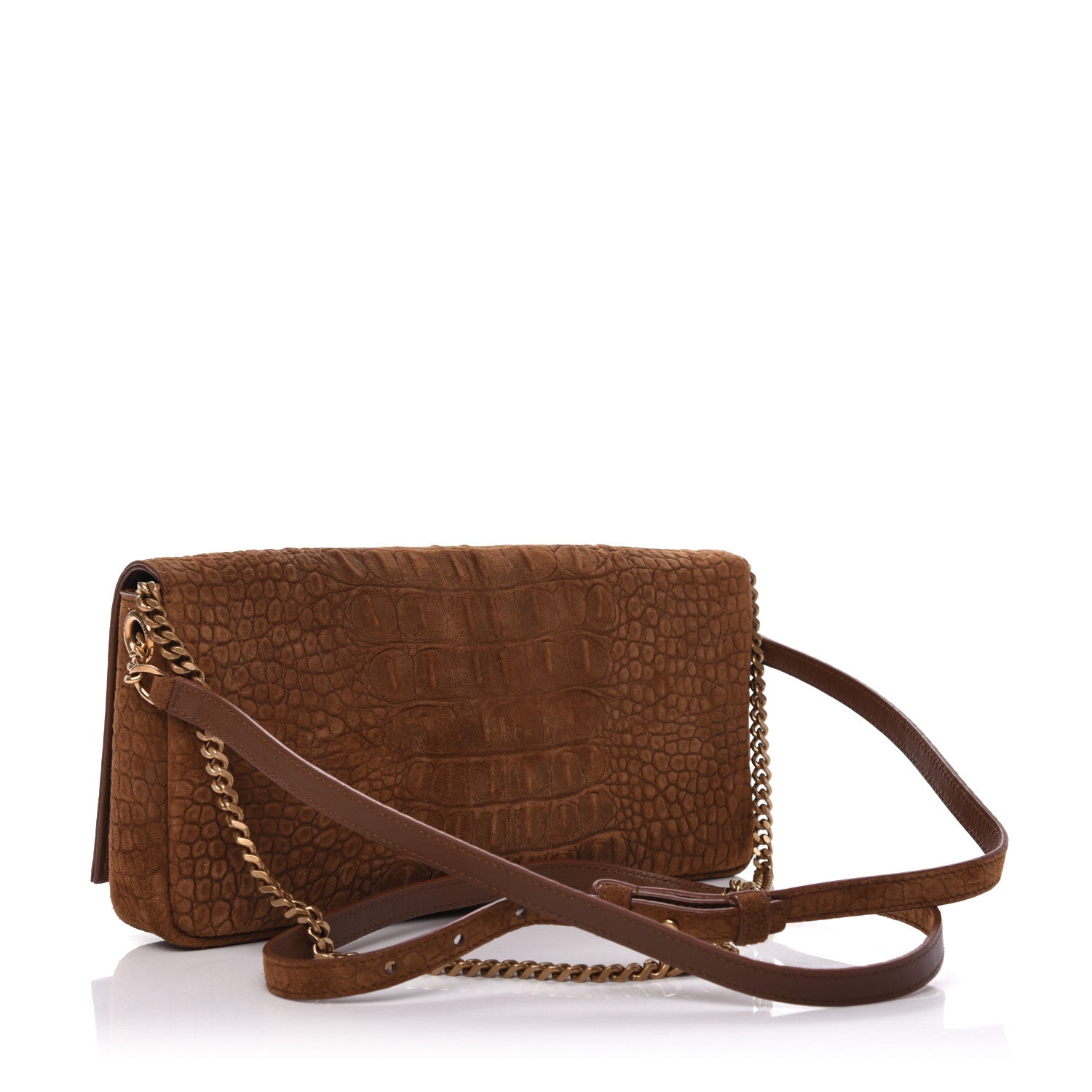 Saint Laurent Crocodile Embossed Suede Monogram Tassel Kate 99 Tan 3 of 9