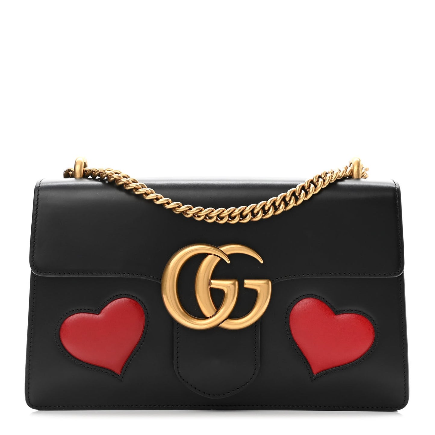 Knight Calfskin Malaga Kid Heart Medium GG Marmont Chain Handle Bag Black Hibiscus Red Multicolor