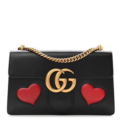 Gucci Knight Calfskin Malaga Kid Heart Medium GG Marmont Chain Handle Bag Black Hibiscus Red Multicolor 1 of 10
