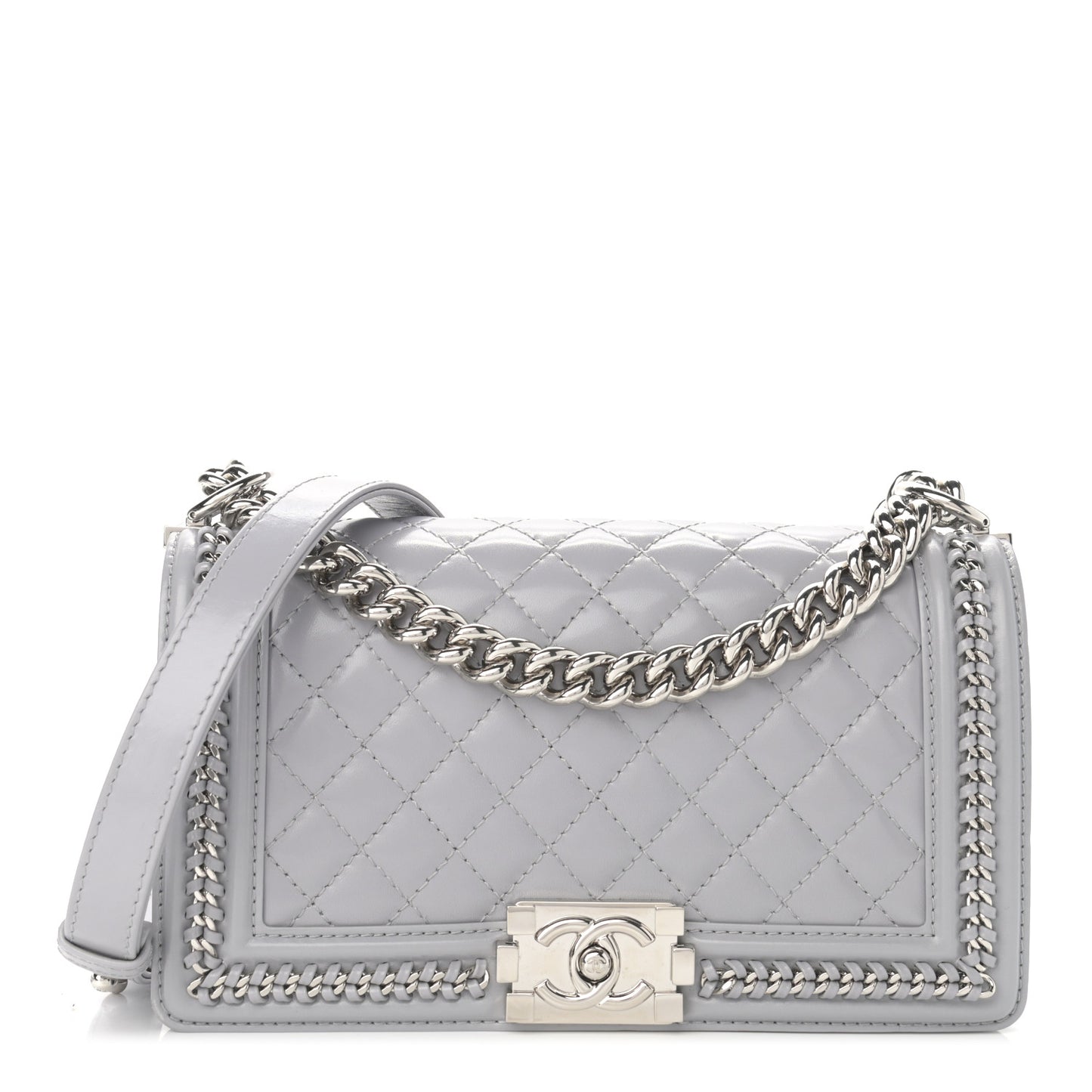 Iridescent Lambskin Quilted Medium Chain Around Boy Flap Grey