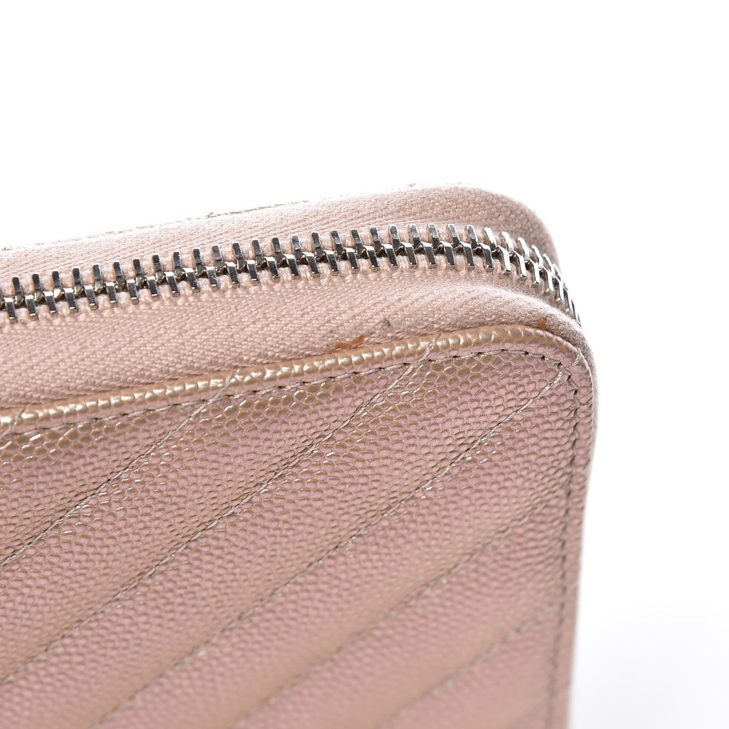 Metallic Caviar Chevron Quilted Small Zip Around Wallet Light Gold