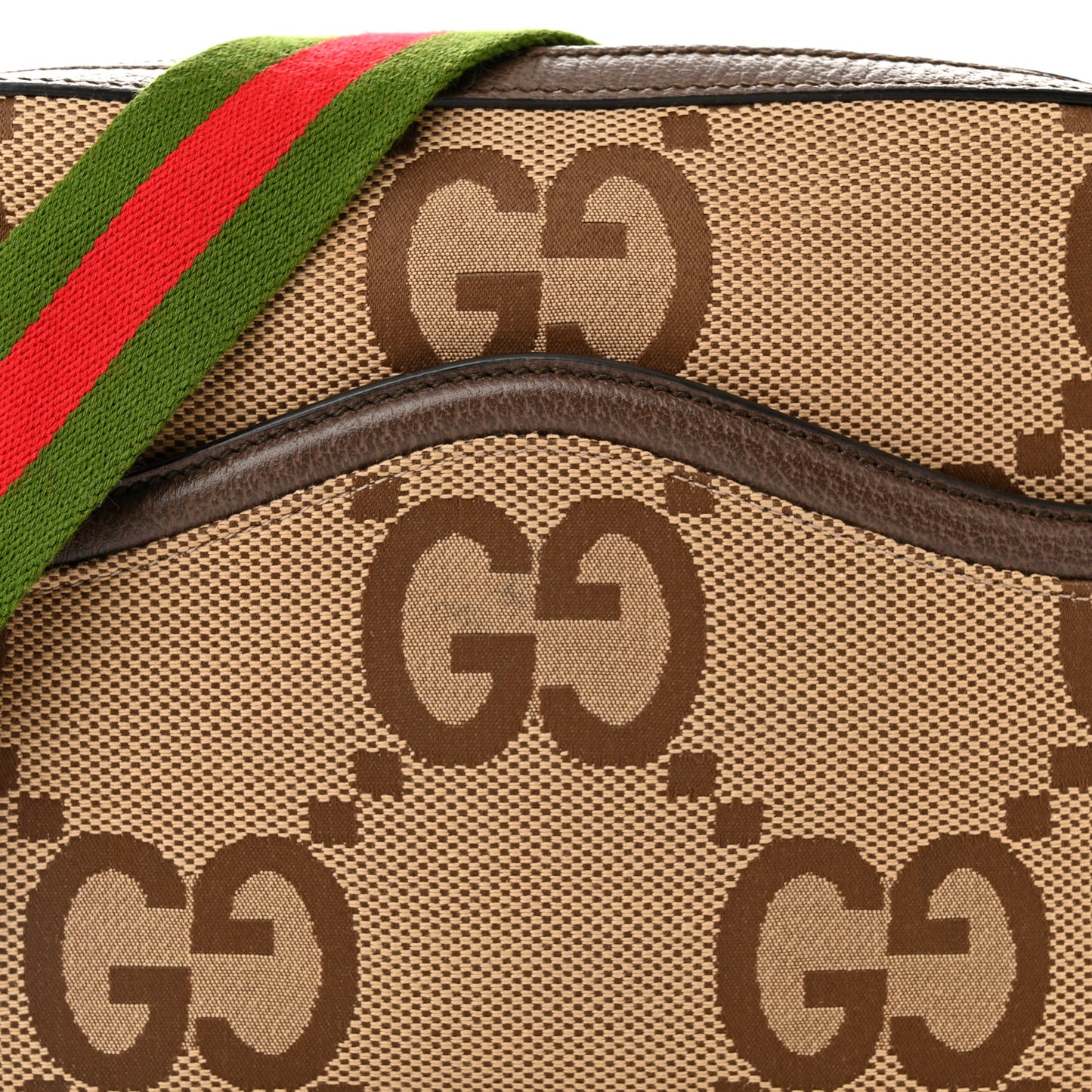 Monogram Jumbo GG Textured Dollar Calfskin Web Messenger Shoulder Bag Camel Ebony New Acero