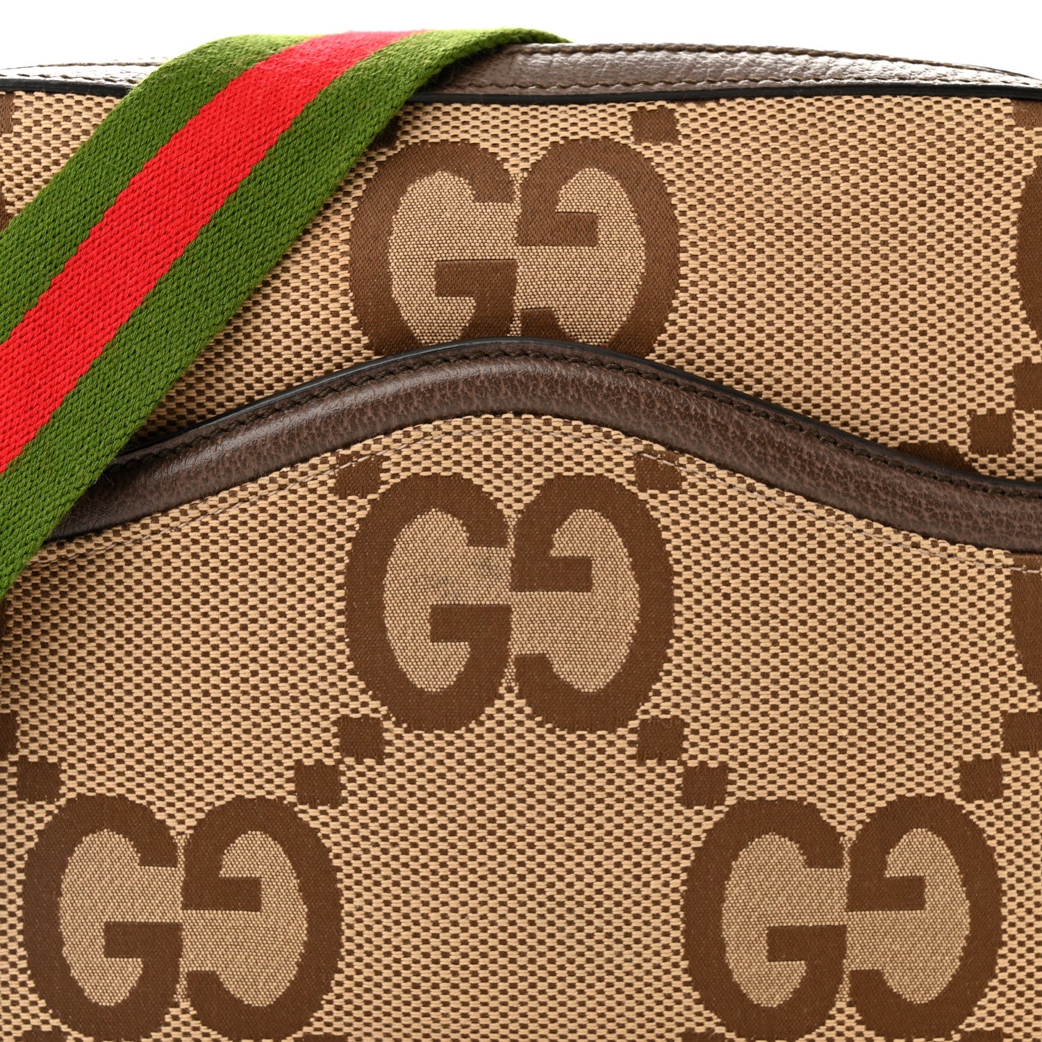 Gucci Monogram Jumbo GG Textured Dollar Calfskin Web Messenger Shoulder Bag Camel Ebony New Acero 8 of 10