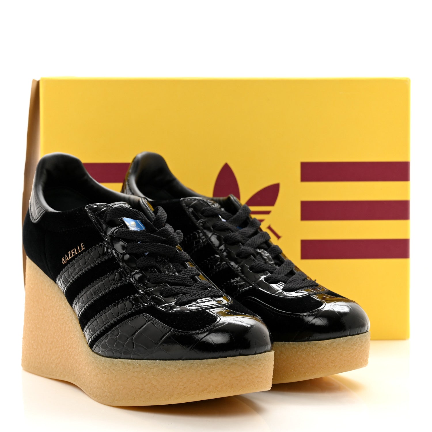 Gucci X ADIDAS Velvet Crocodile Embossed Gazelle Wedge Sneakers 39 Black 9 of 9