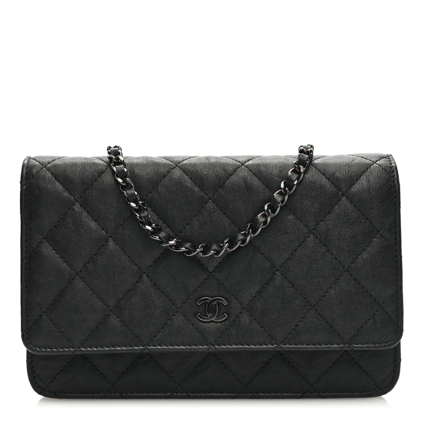 Crumpled Calfskin Quilted Wallet On Chain WOC So Black