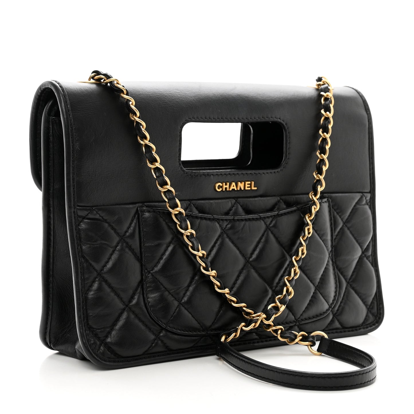 Aged Calfskin Quilted Graphic Catch Flap Black