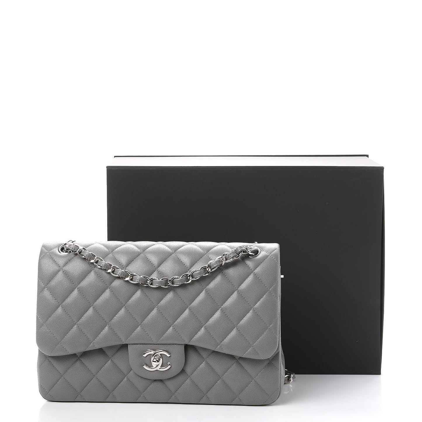 Caviar Quilted Jumbo Double Flap Grey