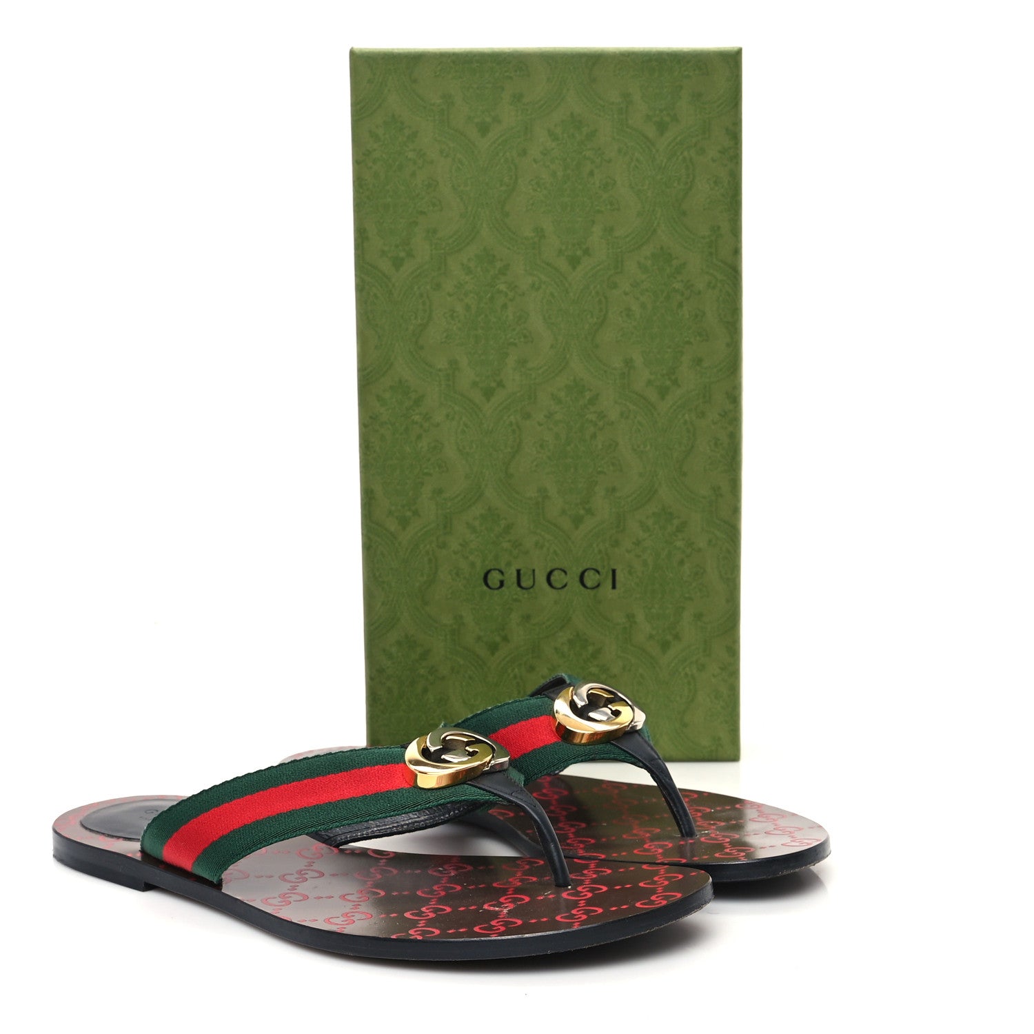 Gucci Nylon Calfskin Web GG Monogram Womens Thong Sandals 41 Green Red Cocoa 9 of 10