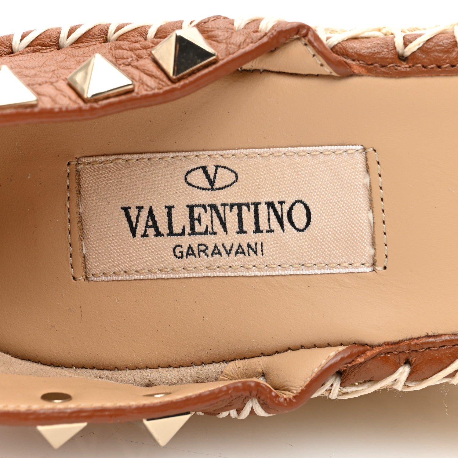 Valentino Garavani Grained Calfskin Rockstud Ankle Strap Espadrille 15/105mm Wedge Sandals 37 Cuoio Natural 7 of 7
