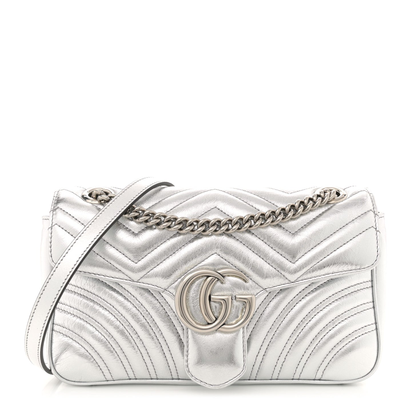 Metallic Calfskin Matelasse Small GG Marmont Shoulder Bag Silver