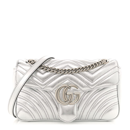 Gucci Metallic Calfskin Matelasse Small GG Marmont Shoulder Bag Silver 1 of 10