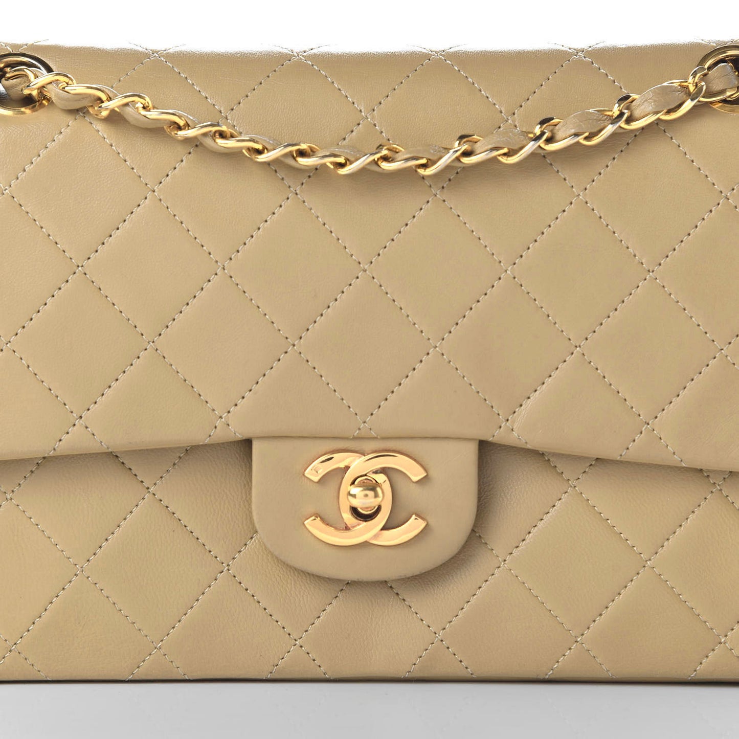 Lambskin Quilted Medium Double Flap Beige