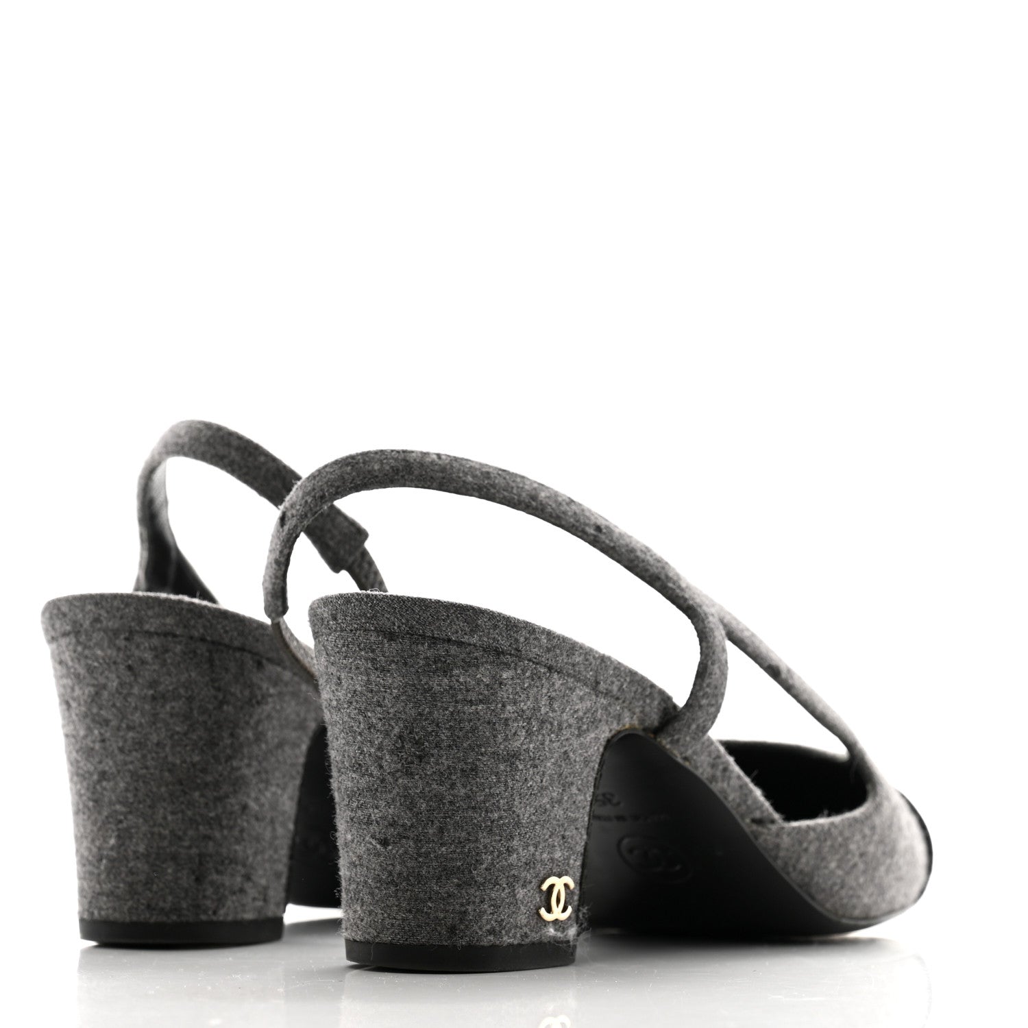 Chanel Wool Velvet Cap Toe CC Slingback Pumps 35 Black Grey 5 of 12