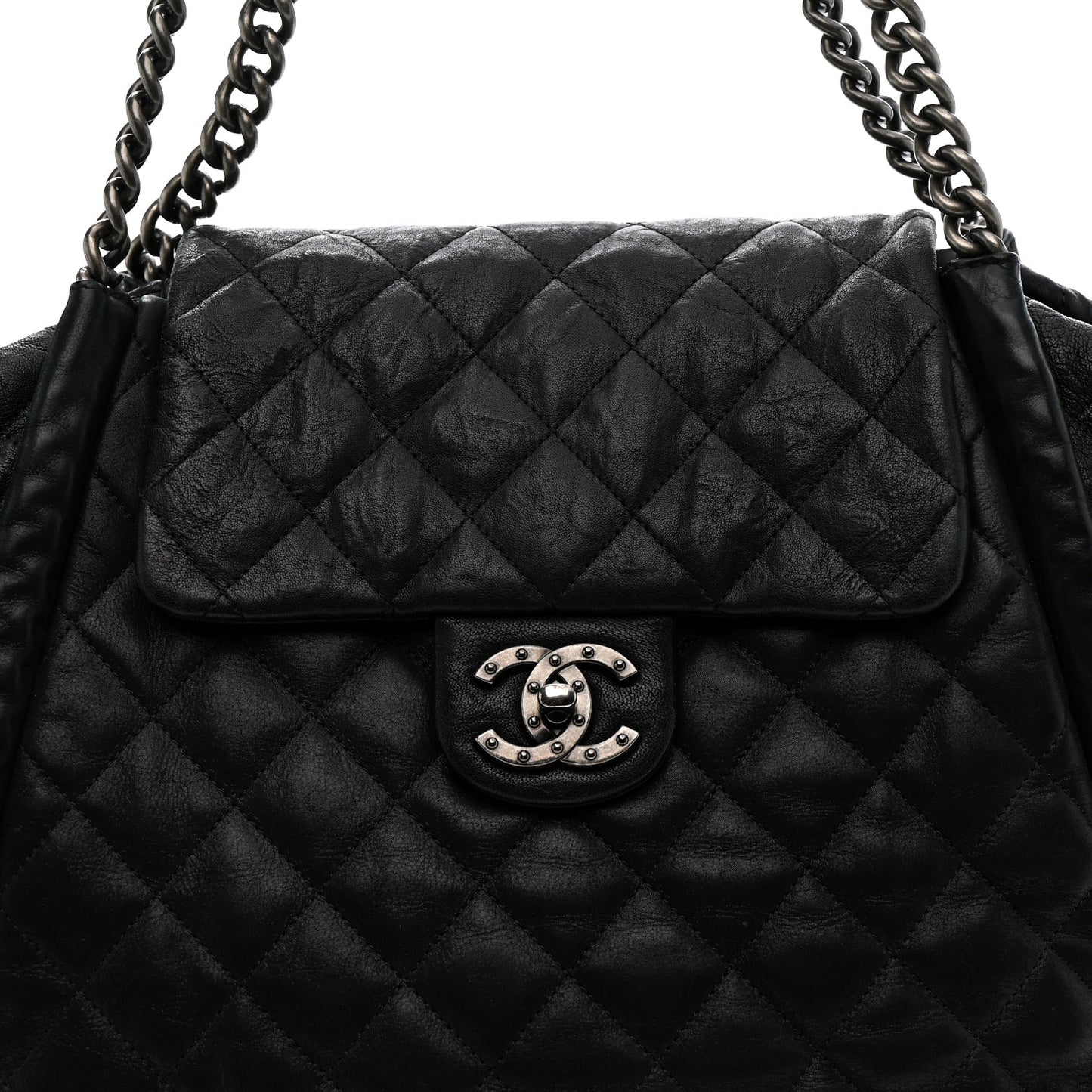 Crumpled Calfskin Iridescent Calfskin Hidden Chain Large Quilted Shopping Tote Black