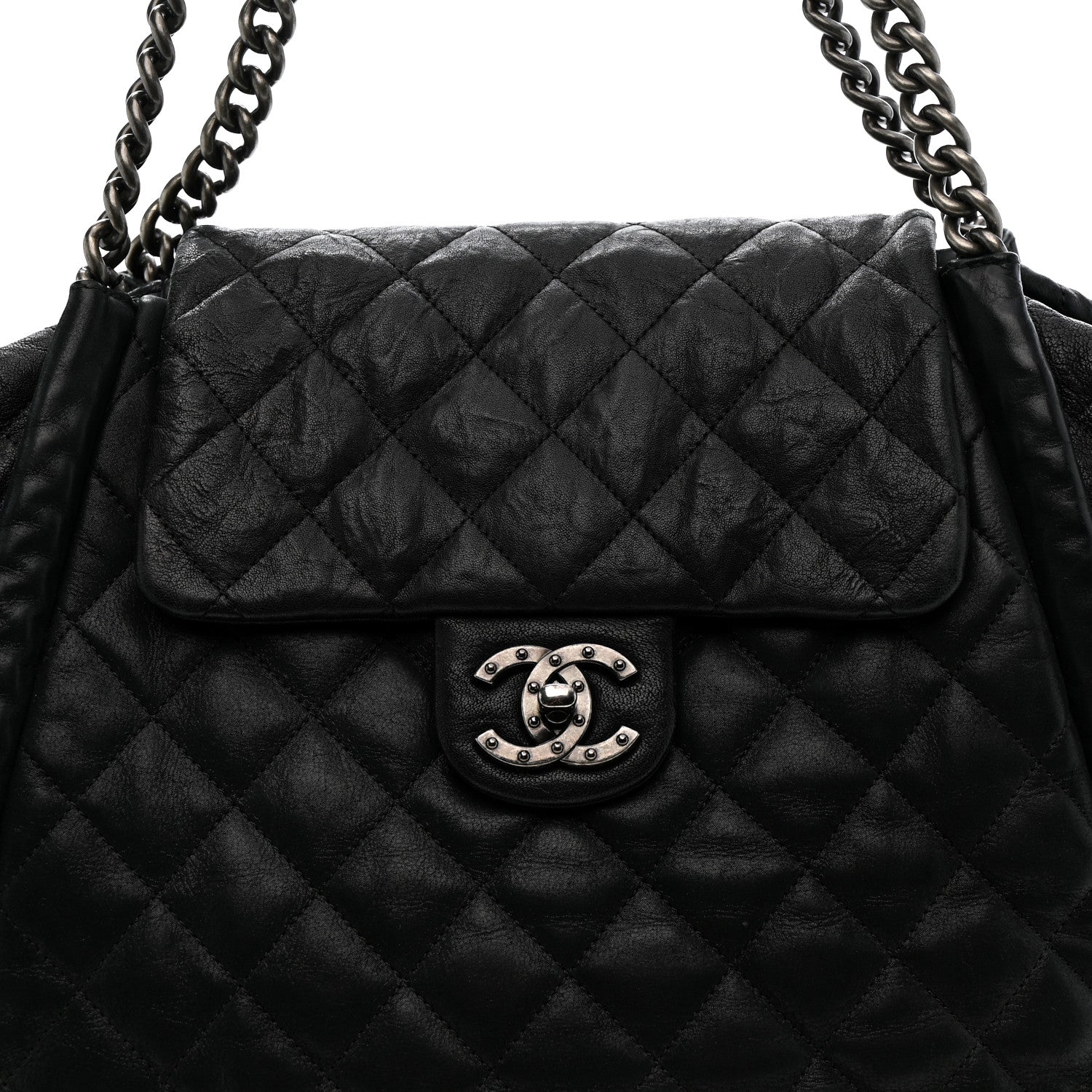 Chanel Crumpled Calfskin Iridescent Calfskin Hidden Chain Large Quilted Shopping Tote Black 8 of 11