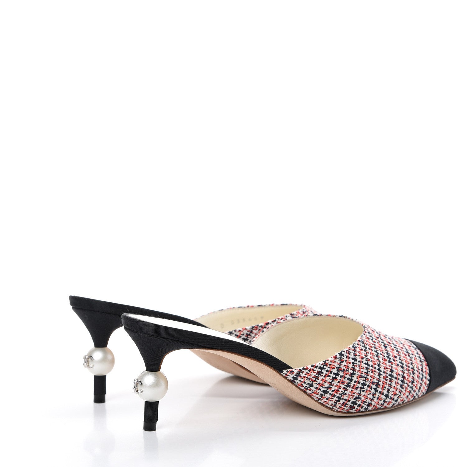 Chanel Tweed Grosgrain Pearl Cap Toe Mules 38 Black Red 4 of 11