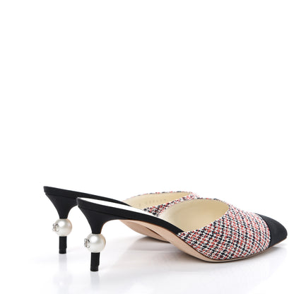 Chanel Tweed Grosgrain Pearl Cap Toe Mules 38 Black Red 4 of 11