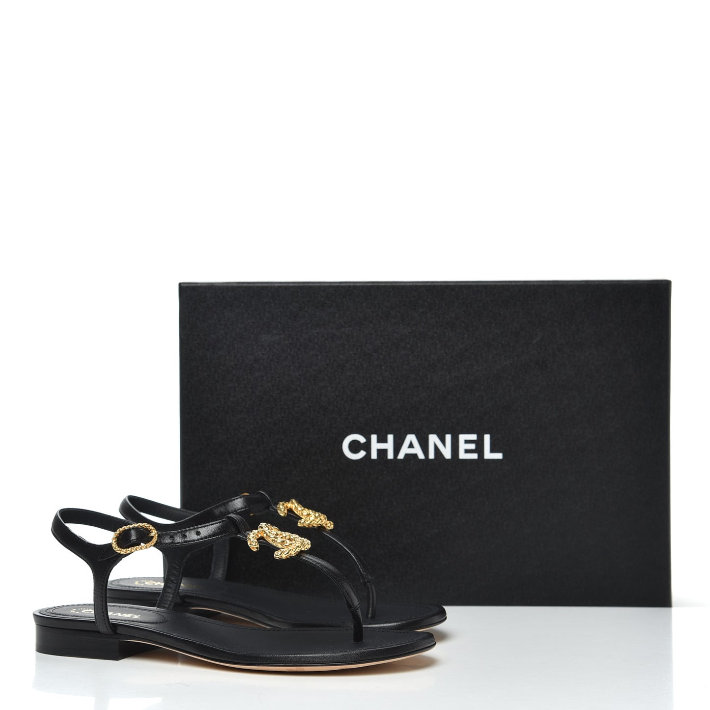 Lambskin Chain CC Logo Thong Sandals 35 Black