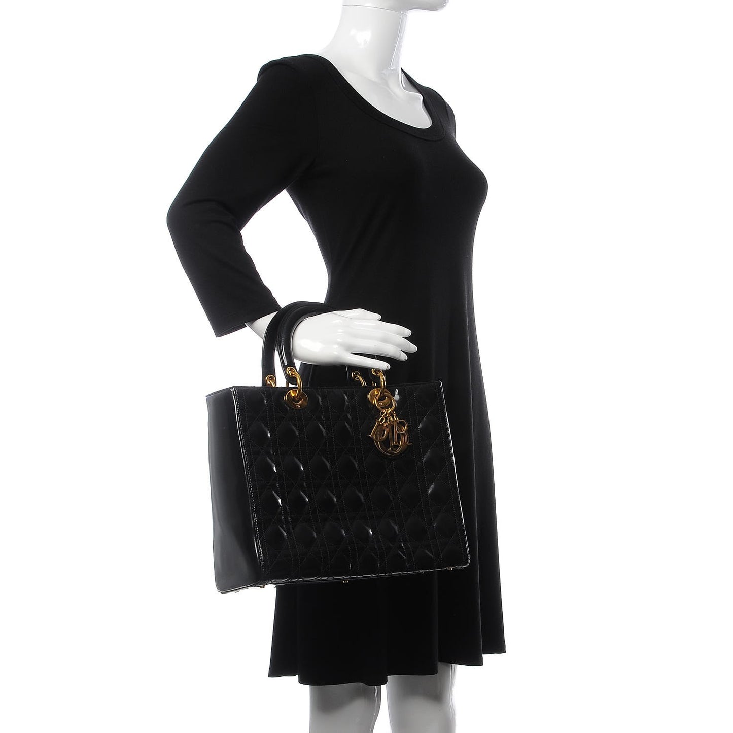 Glazed Calfskin Cannage Large Lady Dior Black